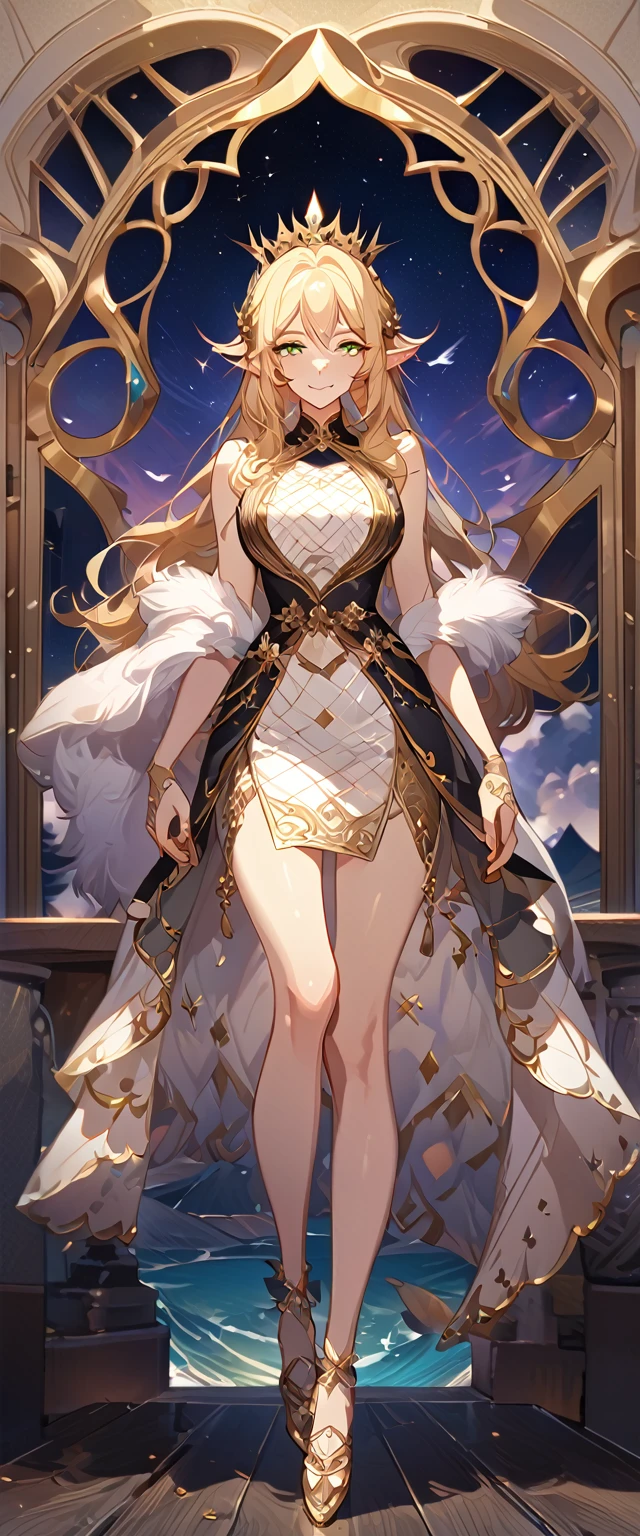 masterpiece, best quality, 8k ,4k , 1girl, elf queen, blond reddish hair, green eyes, big chest, gold wreath crown, hair ornament, finely detailed eyes and detailed face, looking at viewer, white sleeveless, Lace dress, patterned clothes, gold embroidery clothes, meticulous clothes, mature clothes, transparent cape with lace, majestic looks, smiling gently, small bird, full body, inspired by Asukaziye artist : ask, art style : ask
