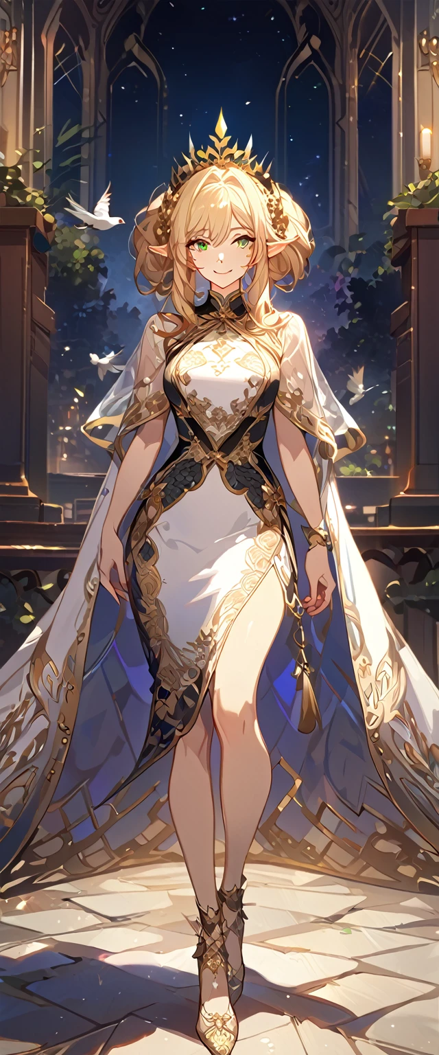 masterpiece, best quality, 8k ,4k , 1girl, elf queen, blond reddish hair, green eyes, big chest, gold wreath crown, hair ornament, finely detailed eyes and detailed face, looking at viewer, white sleeveless, Lace dress, patterned clothes, gold embroidery clothes, meticulous clothes, mature clothes, transparent cape with lace, majestic looks, smiling gently, small bird, full body, inspired by Asukaziye artist : ask, art style : ask