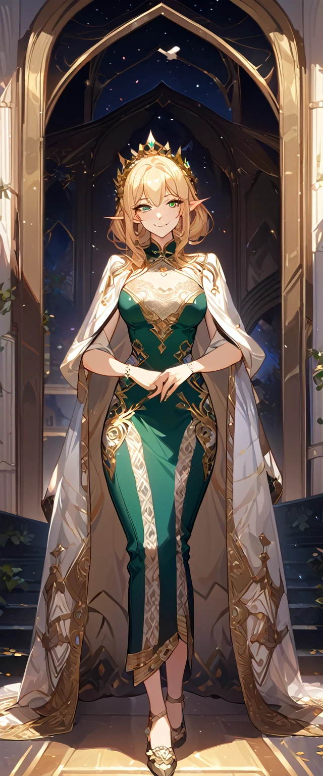 masterpiece, best quality, 8k ,4k , 1girl, elf queen, blond reddish hair, green eyes, big chest, gold wreath crown, hair ornament, finely detailed eyes and detailed face, looking at viewer, white sleeveless, Lace dress, patterned clothes, gold embroidery clothes, meticulous clothes, mature clothes, transparent cape with lace, majestic looks, smiling gently, small bird, full body, inspired by Asukaziye artist : ask, art style : ask