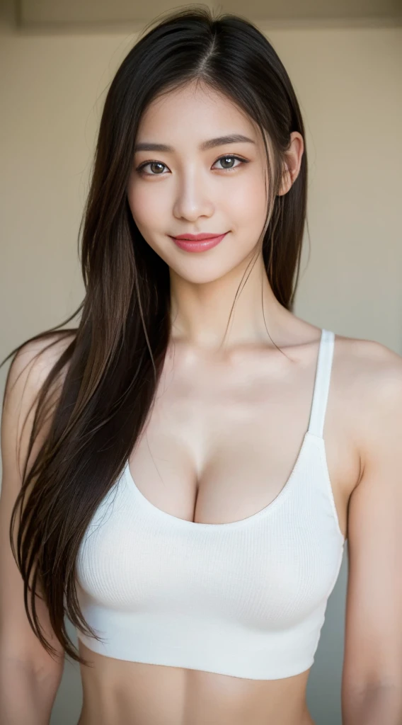 ((Highest quality, 8K, masterpiece :1.3)), One girl, Beautiful woman with well-defined abdominal muscles: 1.3, whole body, (Long Hair, Big Breasts: 1.2), Oversized tank top: 1.2, Very delicate face, Delicate eyes, double eyelid, smile, Home, Random color clothes