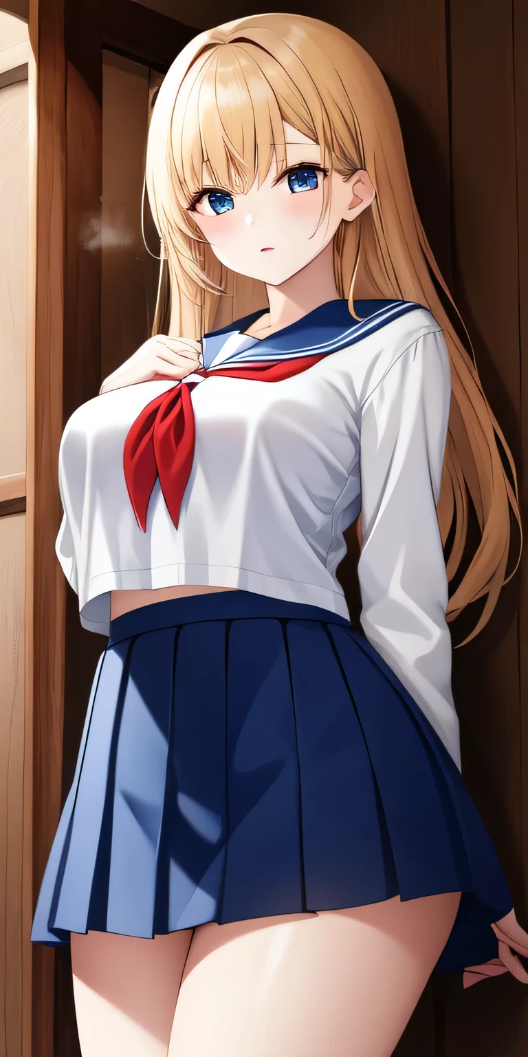 Minako Aino、mature girl、Are standing、Anime Women、solo、 Are standing、Long Hair、bionde、blue eyes、Half Up Hair、red head bow、Sailor suit、、Blue sailor collar、Blue pleated skirt、White shirt、red neckerchief、Long sleeve、masterpiece、Highest quality、Detailed face、Detailed Eyes、High resolution、beautiful、detailed、absurdes、Female focus、sexy atmosphere、mature atmosphere、Cowboy Shot、looking at viewer、(sexy body:1.3)、