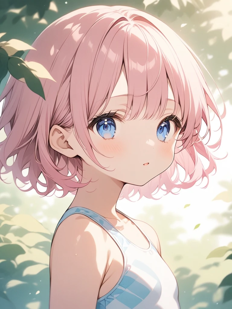 A young girl with a pink head and blue eyes wears a tight swimsuit.