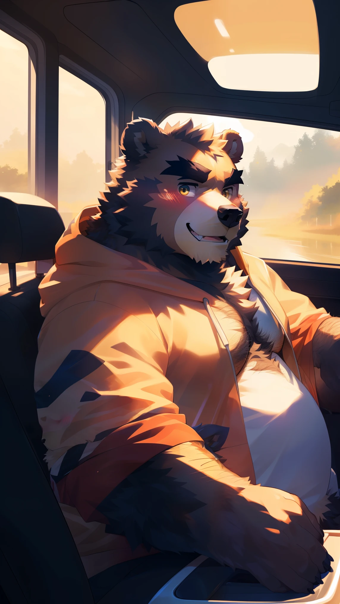(Vision:1.5), solitary, anthropology, hairy, hairy male, Bear, ((Fluffy fur, Fluffy, hairy body)), (bear print), (Thick eyebrows), youth, muscular, pectoralis major, Black fur, Golden pupils, Detailed teeth, defaced face, fundos, trucker, Red plaid hoodie, cab里, Driving, sideways, Shy expression, A faint smile, blush, (Dynamic poses:1.5), Clear facial features, Strong, majestic, alone, panoramic, Fog atmosphere, early morning, Tyndall Light Effect, cab, Sunlight through the car window, (By Empty Ghost, From bear20, masterpiece, high quality, high resolution,8K)