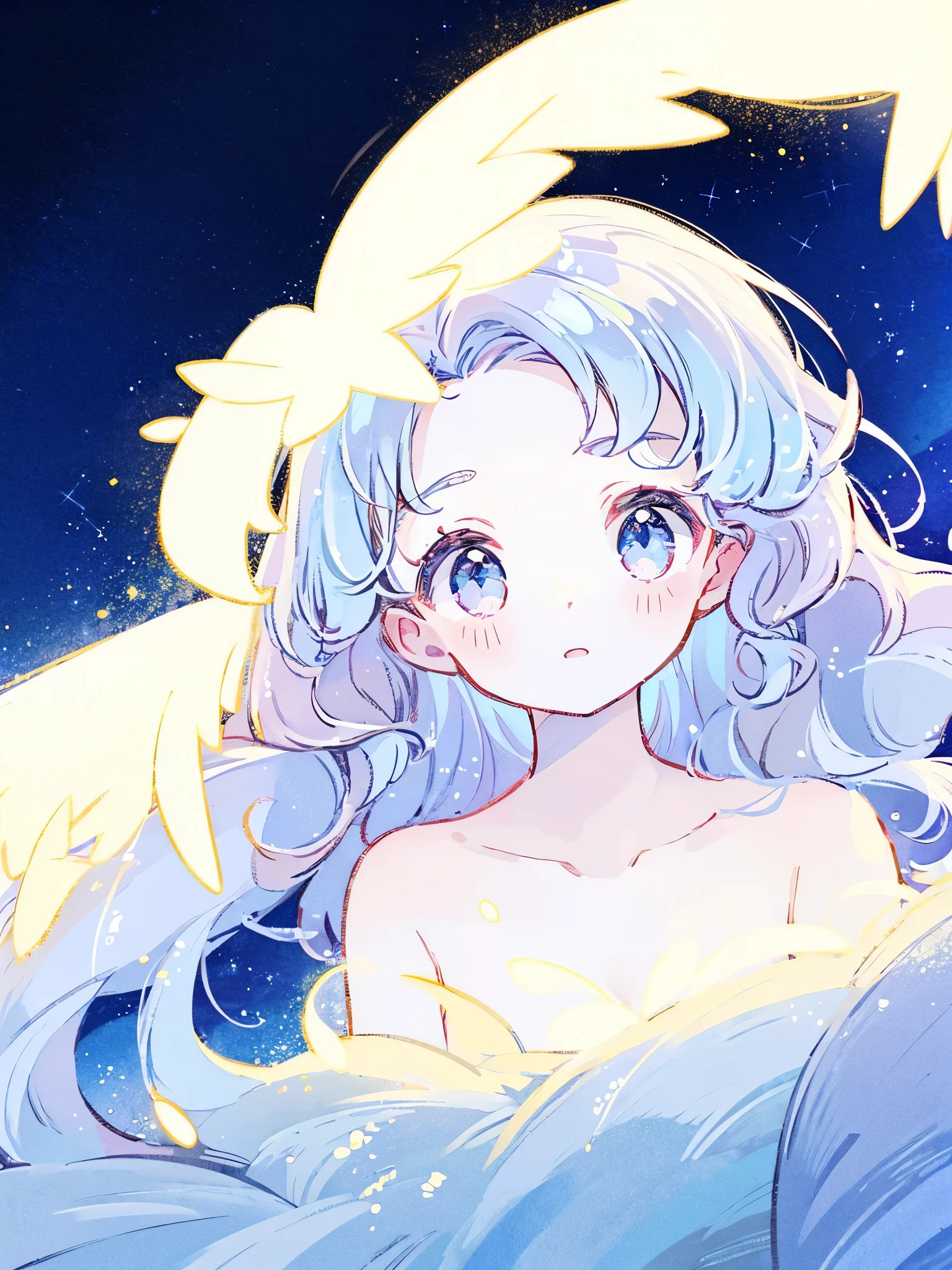 nude angel girl wearing an ethereal translucent dress, pale skin, ((blue mint wavy hair)), white feathers, angel wings, sparkling detailed eyes, golden ratio face, perfect composition, highly detailed, ethereal, (starry night sky background), midjourney style