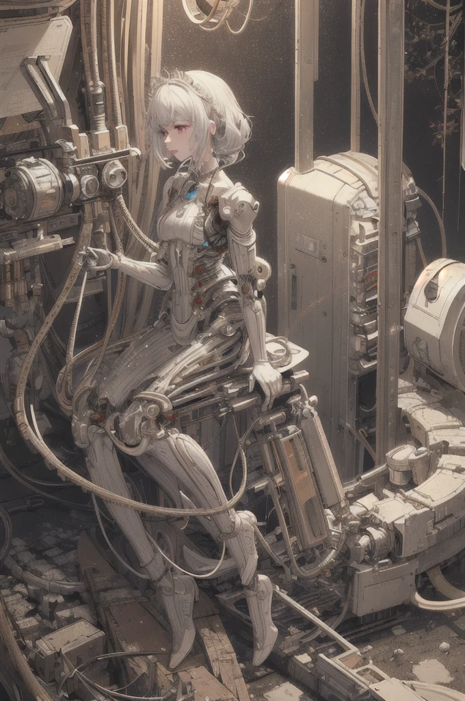 (((masterpiece))), (((best quality))), ((ultra-detailed)), (highly detailed CG illustration), ((an extremely delicate and beautiful)),(cute delicate face),cinematic light,((1mechanical girl)),solo,full body,(machine made joints:1.4),((machanical limbs)),(blood vessels connected to tubes),((mechanical vertebra attaching to back)),((mechanical cervial attaching to neck)),((sitting)),expressionless,(wires and cables attaching to head and body:1.5),(character focus),science fiction