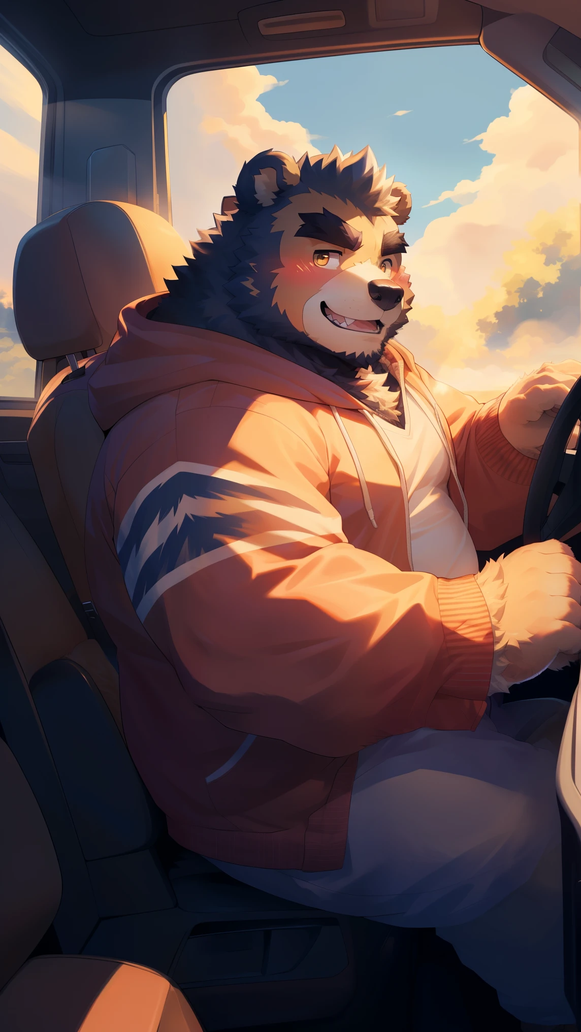 (Vision:1.5), solitary, anthropology, hairy, hairy male, Bear, ((Fluffy fur, Fluffy, hairy body)), (bear print), (Thick eyebrows), youth, muscular, pectoralis major, Black fur, Golden pupils, Detailed teeth, defaced face, fundos, trucker, Red plaid hoodie, cab里, Driving, sideways, Shy expression, A faint smile, blush, (Dynamic poses:1.5), Clear facial features, Strong, majestic, alone, panoramic, Fog atmosphere, early morning, Tyndall Light Effect, cab, Sunlight through the car window, (By Empty Ghost, From bear20, masterpiece, high quality, high resolution,8K)