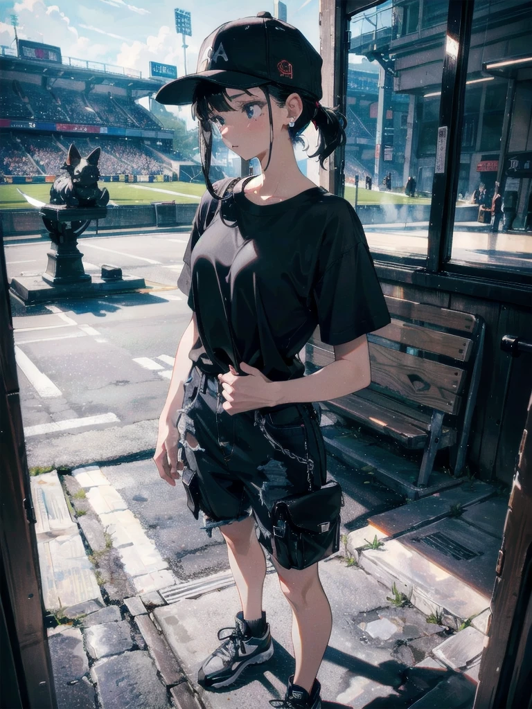 absurdres, RAW photo, extremely delicate and beautiful, masterpiece, Best Quality, ultra high resolution, 32k, hyperrealistic, ultra-detailed, perfect figure, in her 20s, very small head, very small face, delicate facial features, tearful mole, earring, very huge breasts, full body shot, medium hair, black hair, baseball cap, black T-shirt, cargo shorts,
