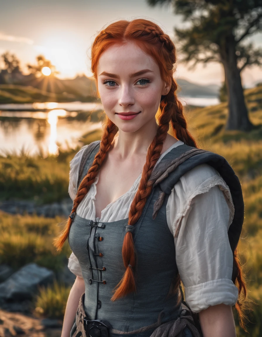 portrait of a stunning young redhead woman looking at camera,braids,very happy gaze,dimples,flirt,cute large smile with nose wrinkles,attractive features,expressive eyes,perfect face,makeup enhancements,fancy dress, shoulder,sunny landscape in background,striking photorealism,trending on artstation,featured on pixiv,cinematic composition,dynamic pose,beautiful lighting,sharp,details,hyper-detailed,Sony/Zeiss 90mm,f/2.8,shutter speed of 1/500s,WLOP,HDR,32k,masterpiece,best quality