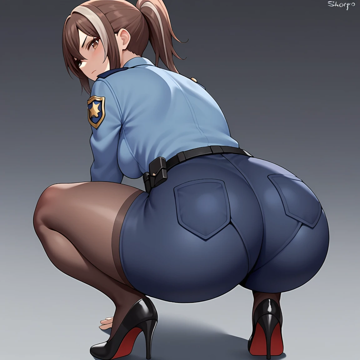 1girl, high_heels, squatting, ass, solo, police_uniform, police, multicolored_hair, streaked_hair, looking_back, policewoman, looking_at_viewer, pantyhose, ponytail, from_behind, ass_focus, black_footwear, black_hair, pantylines, pants, brown_eyes, brown_hair, uniform, red_hair, grey_background