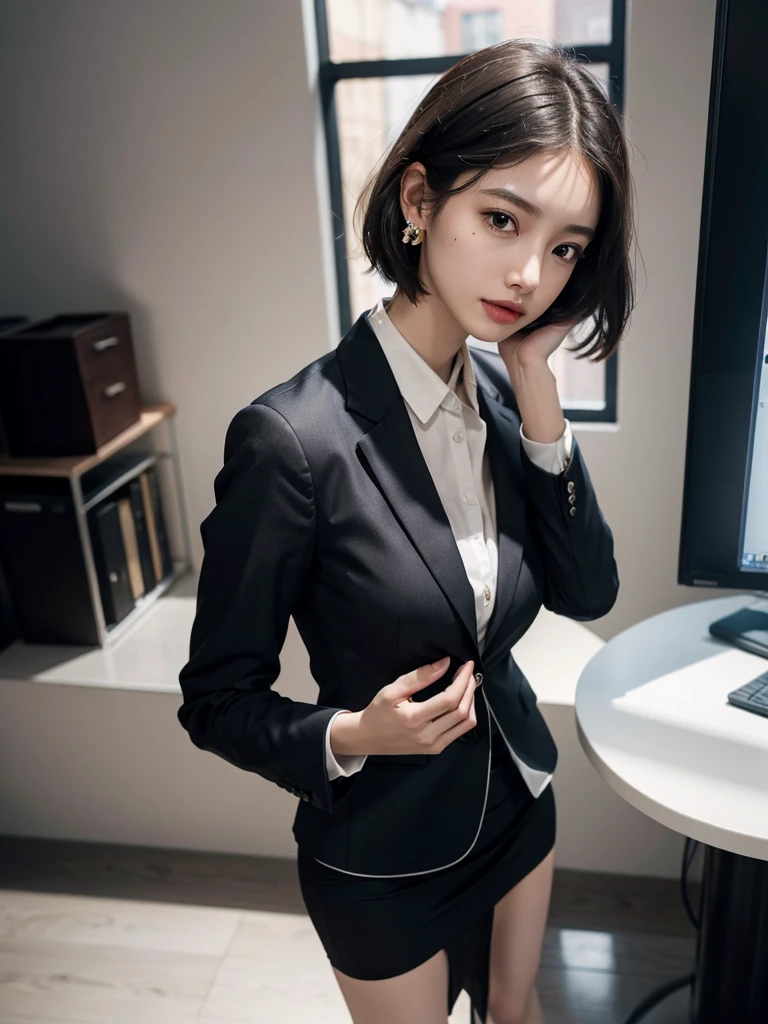 absurdres, RAW photo, extremely delicate and beautiful, masterpiece, Best Quality, ultra high resolution, 16k, hyperrealistic, ultra-detailed, perfect anatomy, super Detailed skin, perfect figure, Very detailed CG 8k wallpaper, in her 20s, very Slim body, narrow waist, very small head, very small face, delicate facial features, tearful mole, earring, thin legs, (very huge round breasts), girls, full body shot, short hair, wavy hair, ((business suit)), ((blouse)), skirt,