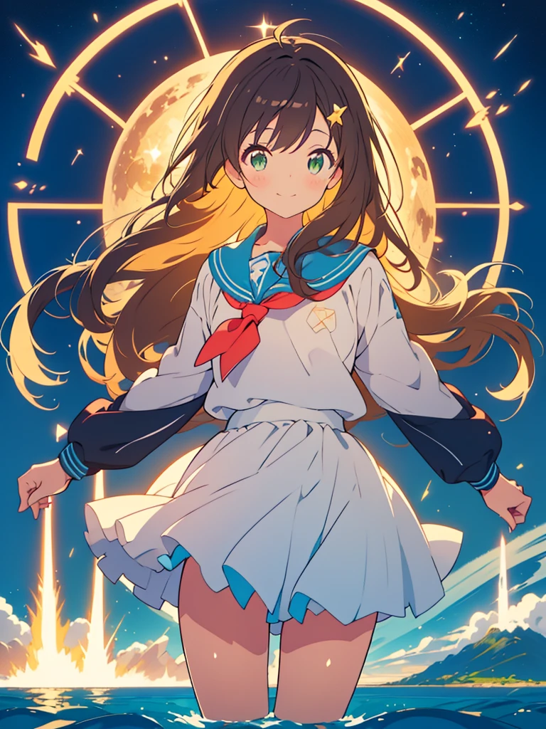 kawaii, anime, Cute, hyper quality, highly detailed, 16k, Front facing, Clarity, girl, brown long hair, green eyes, smile, girl, night sky, Uplifting, uniform, stand on the surface of the sea, the skirt flaps, the galaxy shines, Richly colored sky, starry skies, hold both hands in the air, starry sky, Meteor shower, highlight on eyes, Inciting point of view, Countless lights dance, sea and sky, luminous effect, whole body, look up at the sky, Uyuni salt lake, Fantastic, night, iris effect, milky way, The starry sky is reflected on the water surface, calm, water surface, whole body, ripples spread, Twilight,