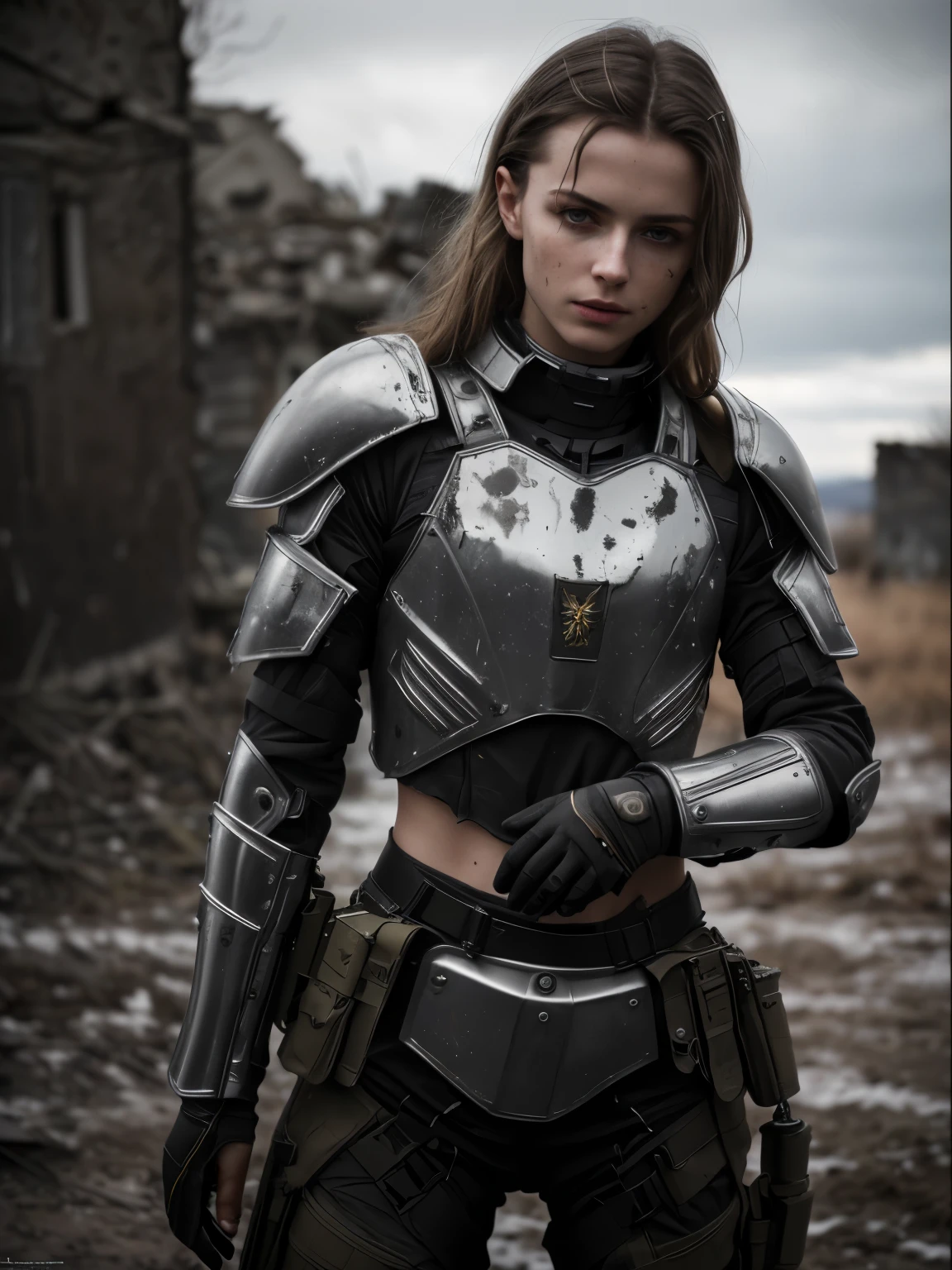 tmasterpiece, Ultra Detailed, 8K, RAW photo, Realistic light, cinematic  composition, realistic face, Realistic skin, (woman from Ukraine), (Torn and dirty military tactical armor), Cute sexy, perfect anatomy, war, Cinematic lighting, A ruined village, nightfall