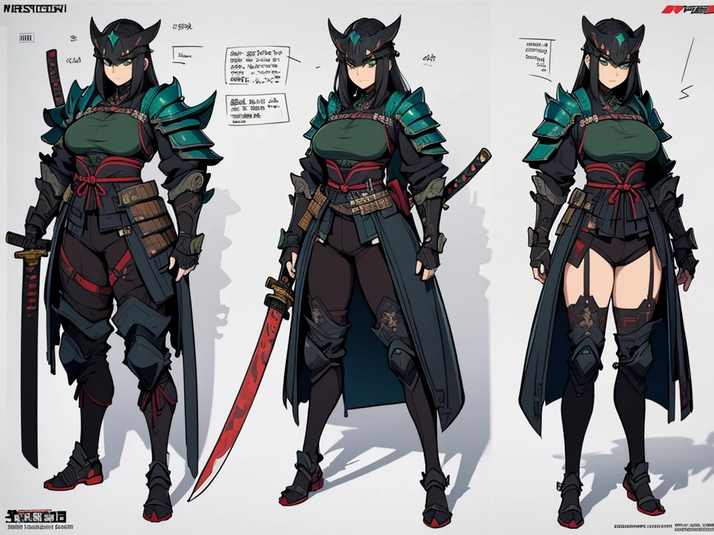 (masterpiece), best quality, high quality art, very detailed texture, super detailed picture high detail texture, high texture detail, super detailed render, hd detailed texture, 1Girl, standing, master piece, full body character concept, full body character design, full body concept art, Samurai, face hidden by Armor helmet shadow, Gray armor, Green tattoo, swordman, detailed Armor Japan, Samurai, beside there is a Katana, green symbol, full Gray Armor japan, big boob, various expression, front back and side view of character