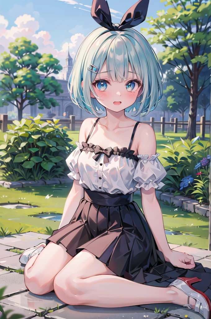 (8K, best quality, master piece: 1.5),super high resolution, One girl, solo, full shot, 10 years old, ultra-detailed face, detailed eyes, rainbow colored iris, (cyan eyes), bob cut, Silver gray hair, blunt bangs, hairclip, orgasm face, pale skin, Medium chest, pink camisole, bare legs, bridal garter, garden, wariza