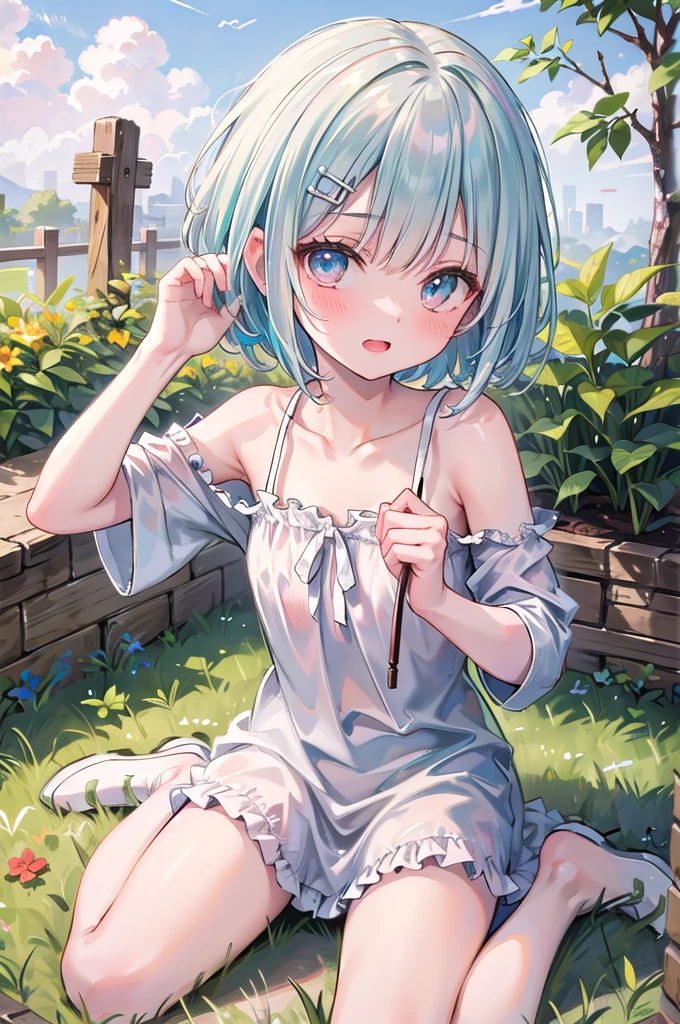 (8K, best quality, master piece: 1.5),super high resolution, One girl, solo, full shot, , ultra-detailed face, detailed eyes, rainbow colored iris, (cyan eyes), bob cut, Silver gray hair, blunt bangs, hairclip, orgasm face, pale skin, Medium chest, pink camisole, bare legs, bridal garter, garden, wariza