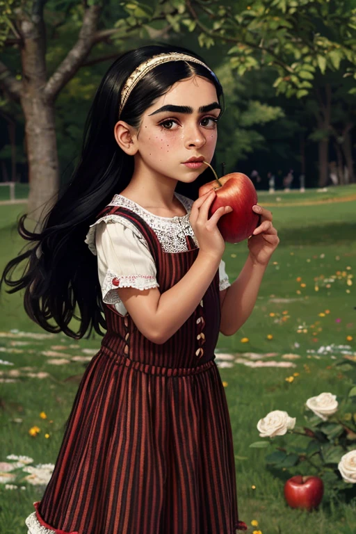 Tan skin indian afghan prominent nose thick eyebrows frida kahlo a woman with long flowing black hair, piercing eyes, a prominent unibrow, rosy cheeks, eating a juicy red apple, wearing a Victorian-style vest and lace collar, standing in a lush meadow with a unicorn, (best quality,4k,8k,highres,masterpiece:1.2),ultra-detailed,intricate details, striking colors, dramatic lighting, stallintheunicow, brushy, painterly girl eating apple in field of roses, red, black, white, long black hair, bangs, unibrow, thick eyebrows, freckles, big nose, aquiline nose, hairband, dress, stripes, big ears, girl, rosy cheeks, red lips,stallintheunicow aoife striped shirt skirt lace combat boots