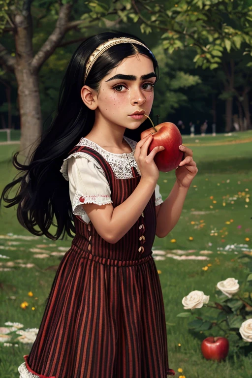 Tan skin indian afghan prominent nose thick eyebrows frida kahlo a woman with long flowing black hair, piercing eyes, a prominent unibrow, rosy cheeks, eating a juicy red apple, wearing a Victorian-style vest and lace collar, standing in a lush meadow with a unicorn, (best quality,4k,8k,highres,masterpiece:1.2),ultra-detailed,intricate details, striking colors, dramatic lighting, stallintheunicow, brushy, painterly girl eating apple in field of roses, red, black, white, long black hair, bangs, unibrow, thick eyebrows, freckles, big nose, aquiline nose, hairband, dress, stripes, big ears, girl, rosy cheeks, red lips,stallintheunicow aoife striped shirt skirt lace combat boots