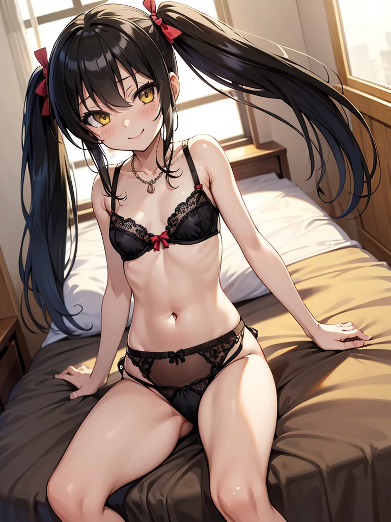 masterpiece, best quality, Matoba Risa, solo, yo, (pee), black_hair, long_hair, twintails, yellow_eyes, ribbon, hair_ribbon, jewelry, necklace, hair_between_eyes,
 seductive smile, sitting, (bra lift), lifted by self, small breasts, nipples show off, panties, hotel room,