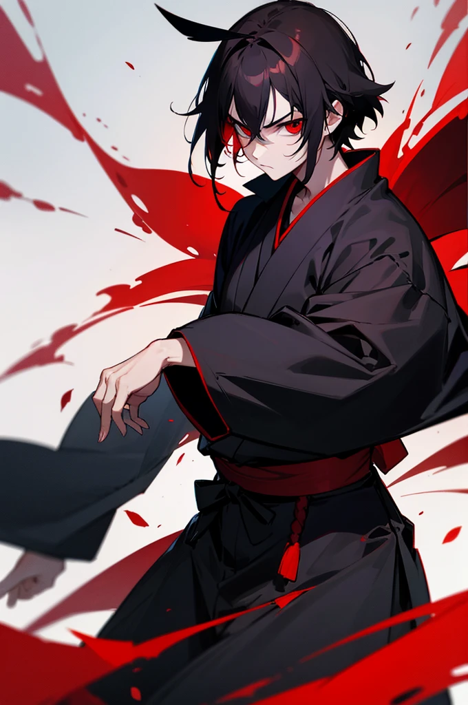 dark hair man samurai red eyes front seriousness