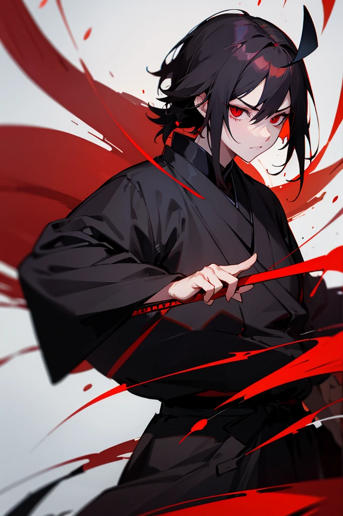 dark hair man samurai red eyes front seriousness