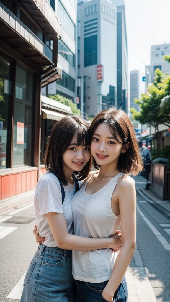 Best quality, high resolution, 8K, two girls, Japanese, hugging, best smile, summer clothes, street fashion, beautiful woman, pretty face, cute face, two cute people, Tokyo cityscape