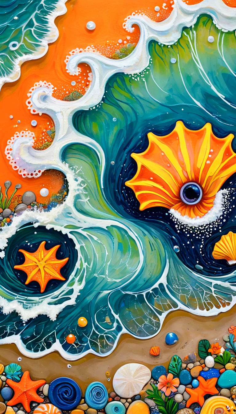 Children's graffiti,Thick coating，Concave and convex texture，Oil pastel strokes：Waves in the Conch、flowesh、Tentacles、Beach，Stone、pearl、Tears、Eye、diatom，Abstract mosaic painting，Describing the inner world of autistic people，Sense of space，White Space，interesting，Innocence，Psychedelic Art，Orange overall