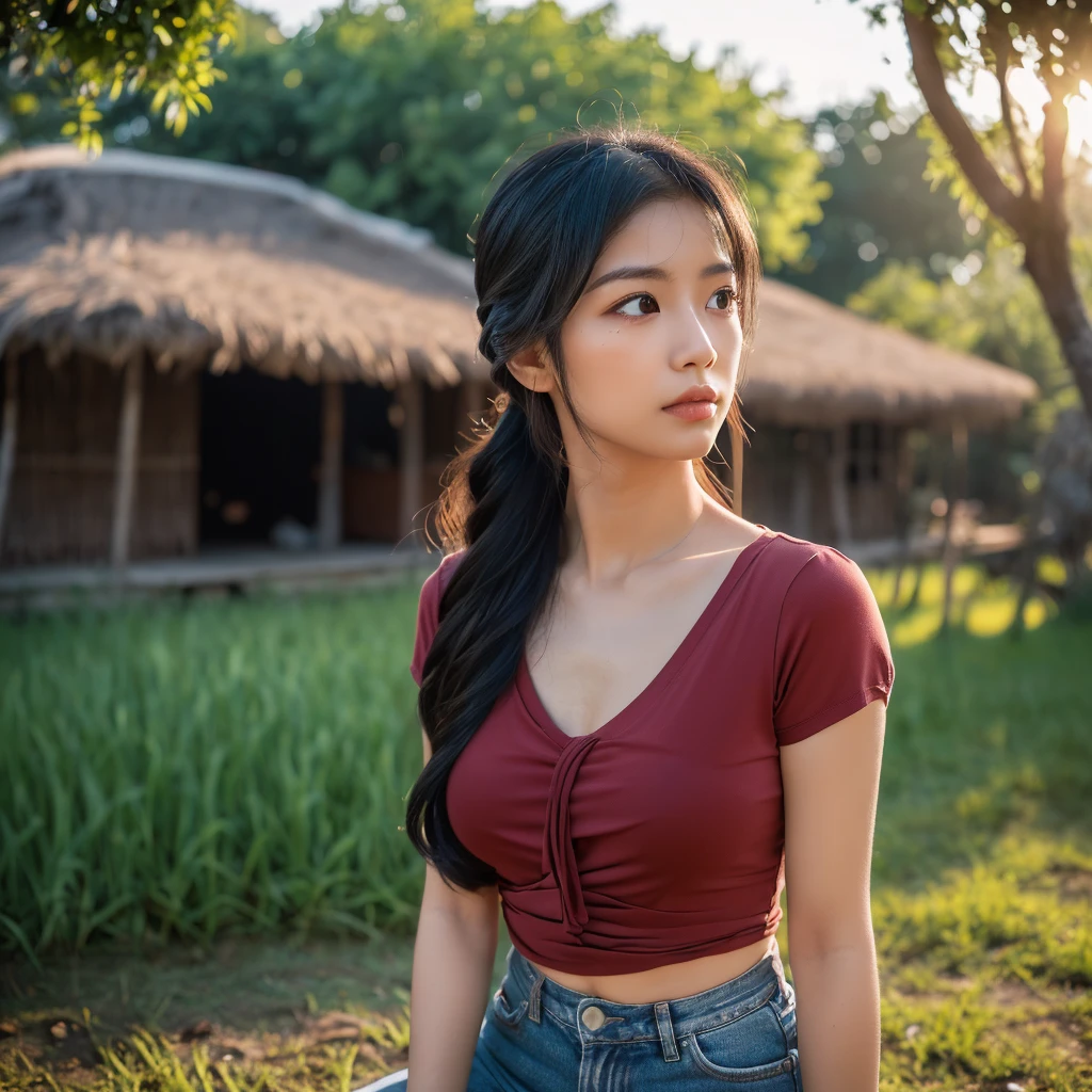 realistic: Open the aperture wide., professional lighting, Sony A7R4, 50 mm sitting lens. 2 ; Warm light, (digital painting, HDR ภาพถ่ายหน้าตรงThai anime, Female anime Araffe 25 30 years old, realistic: Open the aperture wide., professional lighting, Sony A7R4, 50 mm sitting lens. 2 ; Warm light, (digital painting, HDR, high contrast (digital painting, HDR, high contrast),Old jeans torn, bright colored t-shirts, Looking straight at you intently, Long-haired woman with a round face, Red cheeks, Pink cheeks, black eyes ตาสองชั้น, black eyes, Thai anime, Has a large chest size of 38 inches., ponytail woman, flowing black hair, long flowing black hair, she has black hair, Her black hair was long and wavy., beautiful black hair, Extra dark natural black hair, The shirt is tight., Looks hot., ,black eyes,abdominal muscles, rounded chest, outdoor, The background is a rice field., There is an old thatched Thai-style hut in the background., The evening sun shines, beautiful female model, jaw-dropping beauty, realistically,