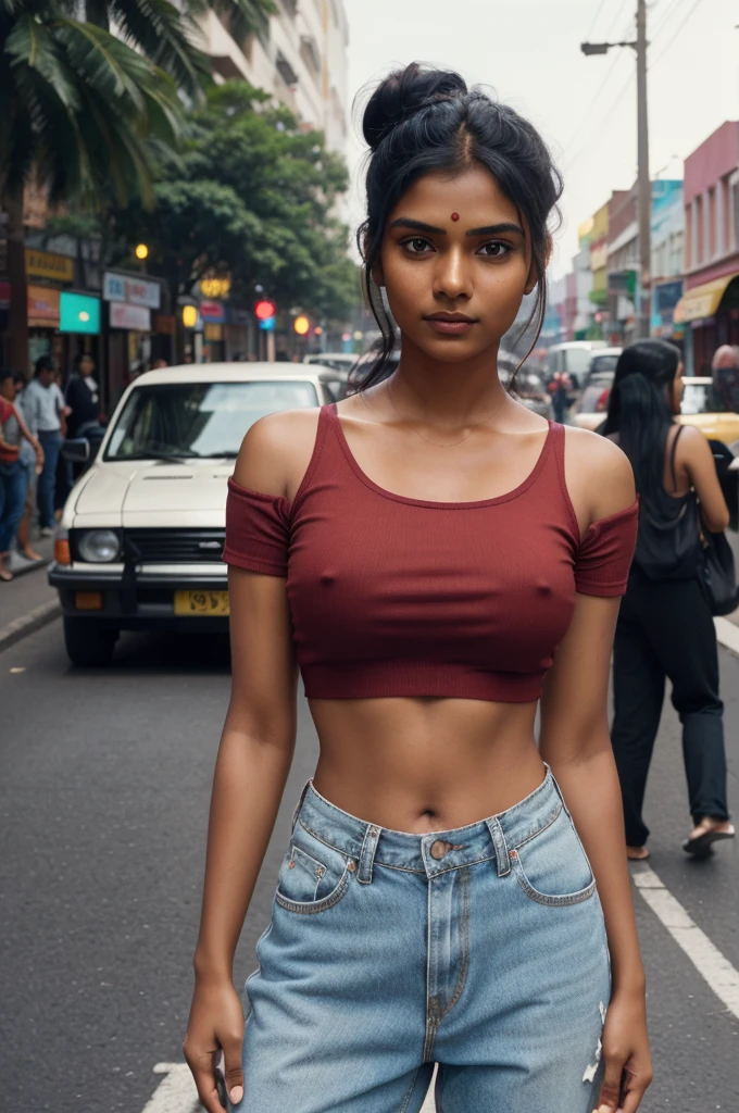 full body, editorial photograph of a young dusky Indian woman), photographed in a busy street, (highly detailed face:1.4) (smile:0.7) (background Busy indian street , moody, private study:1.3) POV, nikon d850, film stock photograph ,4 kodak portra 400 ,camera f1.6 lens ,rich colors ,hyper realistic ,lifelike texture, dramatic lighting , cinestill 800, realistic, wearing red round-Neck Top, posing!!, candid picture, medium body, medium sized breasts, black hair, bun hair, medium hair length realistic skin texture, brown skin
INFO