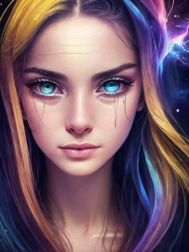 The shadow of a crying girl appears from the shining clouds、Beautiful face、beautidful eyes、 (Detailed eyes, Eyes Like Gems, Sparkling eyes:1.3)、Spectacular scenery beyond imagination, glowing hearts, Tears, fear, flowing, Bioluminescent skin, Fractal Nebula Thread, iridescent, Rain, cosmic entities, heavenly, cosmic, Transparent, vibrant and vivid, swirls, Twirling, Unrealistic, High contrast, Symbolism, Magical, Mystical, mistic, hyper realisitic, Hypersaturated, colourfull, saddened, hopeless, heartbreak, dark, sobbing