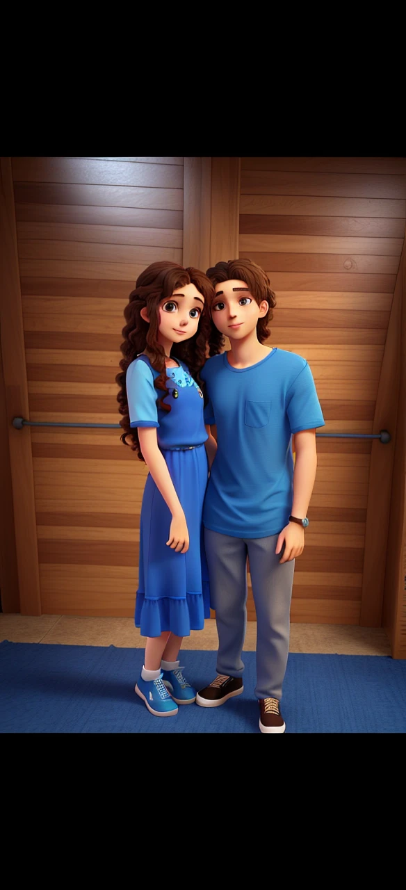 young long curly hair woman in a blue dress and young man in a blue tshirt hugging each other looking at the photo