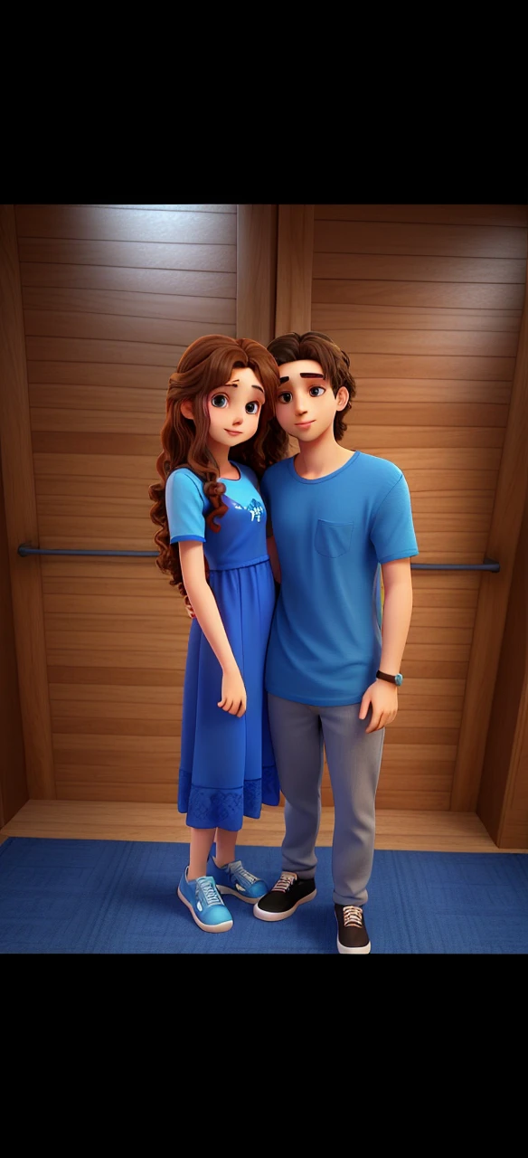 young long curly hair woman in a blue dress and young man in a blue tshirt hugging each other looking at the photo