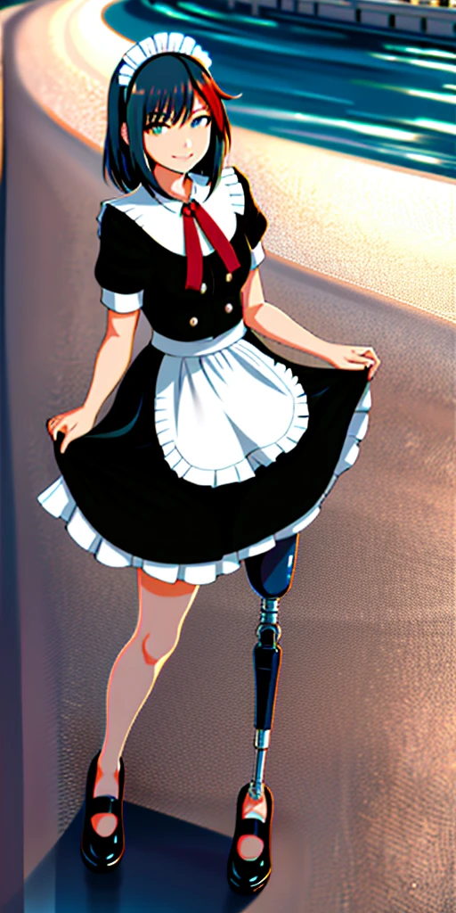 best quality, 1girl, solo, standing, outdoors,  medium hair, black hair, straight hair, looking at viewer, medium breasts,  (prosthetic leg:1.2), Ryuko, full body, smiling, (skirt:1.2), maid custom, maid uniform, black skirt, maid looking. 