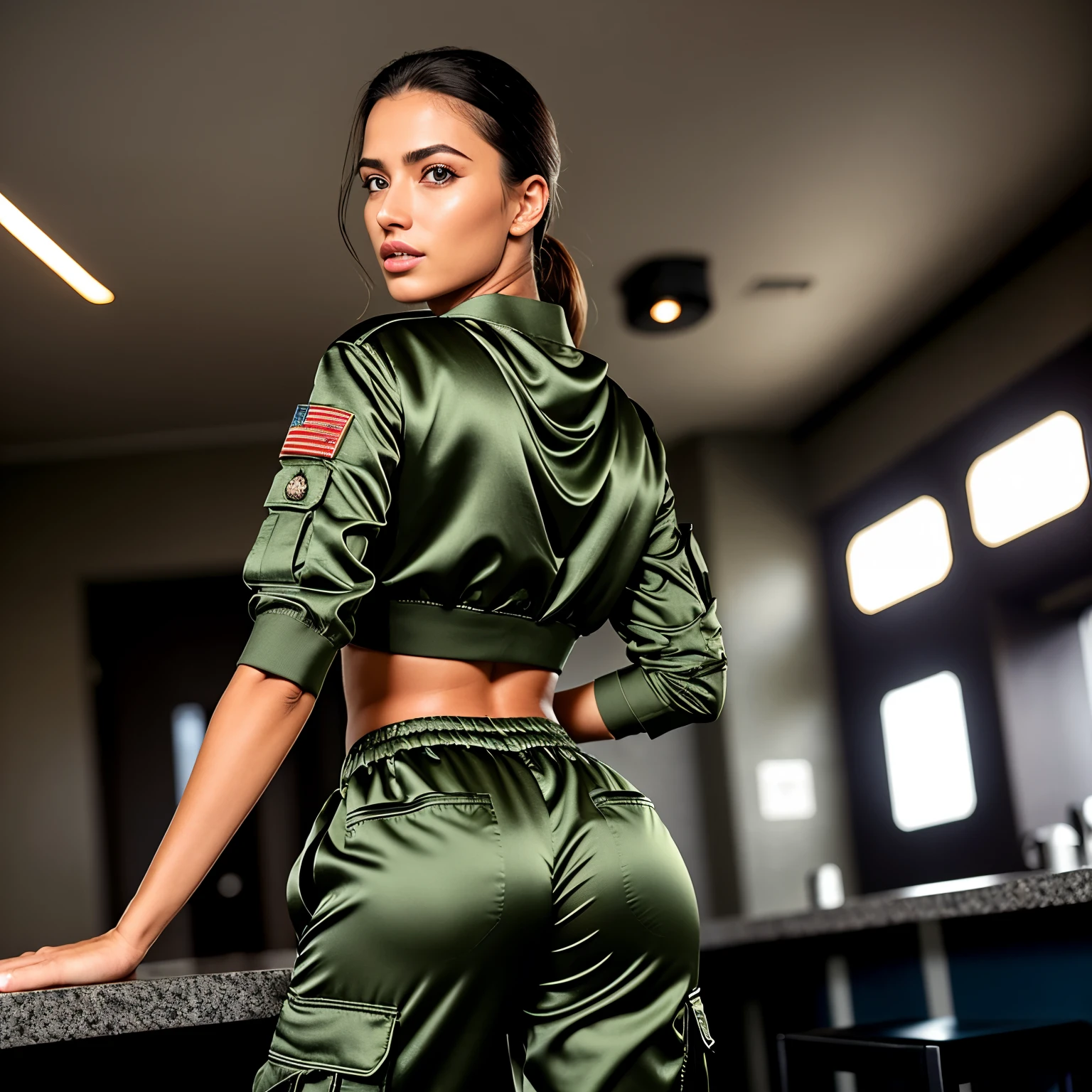 (realistic, photorealistic), cinematic photo ,realistic, (a woman wearing loungewear and Cargo Satin pants: Pants with multiple pockets, often inspired by military wear.), NikkyRiderQuiron woman, . 35mm photograph, film, bokeh, professional, 4k, highly detailed, (high quality skin), (high detailed face skin), (realistic iris), (realistic pupils), (skin pores), (skin imperfections:0.27),sexy Ass ,tow Girls in Club,