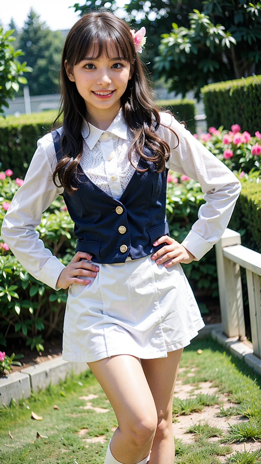(8K、RAW Photos、Highest quality、masterpiece:1.2)、(Highest quality、Realistic)、1 Girl、((Tube top、mini skirt、Idol Costume、ribbon、Medium Hair、See-through、smile、Pink and black、Thin legs、whole body、boots、garden、View from the front、Looking into the camera、Stand with hands on hips))、cute