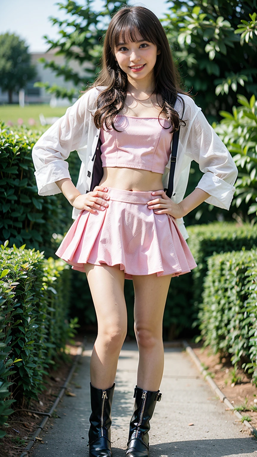 (8K、RAW Photos、Highest quality、masterpiece:1.2)、(Highest quality、Realistic)、1 Girl、((Tube top、mini skirt、Idol Costume、ribbon、Medium Hair、See-through、smile、Pink and black、Thin legs、whole body、boots、garden、View from the front、Looking into the camera、Stand with hands on hips))、cute