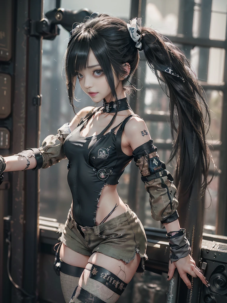 (Full Body View:1.3)、(Side view:1.1)、(Please smile with your teeth showing:1.4),(Shibuya Gal:1.5)、(Gothic ta style fashion:1.5)、(Tattered khaki and gray futuristic micro high leg bodysuit:1.5)、(Tattered Khakis and White Micro Fancy Sleeves:1.5)、(Tattered khaki micro shorts:1.5)、(Brown and khaki knee socks:1.3)、(camouflage:1.3)、(Military jacket:1.4)、Brown boots、Khaki gloves、internal、(The underwear is striped:1.4)、23 years old、(Doing a ballerina pose:1.3)、((Highest quality、8K、masterpiece:1.3))、One girl、The beauty of slim abs:1.3、(Hairstyle Casual、Big Tits:1.1)、dress:1.1、Super small face、Narrow eyes、double eyelid、Laughter、Esbian all over、Dynamic Angle、Close-up、CPL Filter、Blurred Background、Bokeh、Blue Hour、Detailed face and skin texture、Detailed Eyes,(Twin tails:1.3)、(Black brown hair:1.4)、Gravure idol pose、(The background is the cockpit of a futuristic weapon.:1.3)、(The body is slim:1.2),(Slim legs:1.4),(clavicle:1.1)
