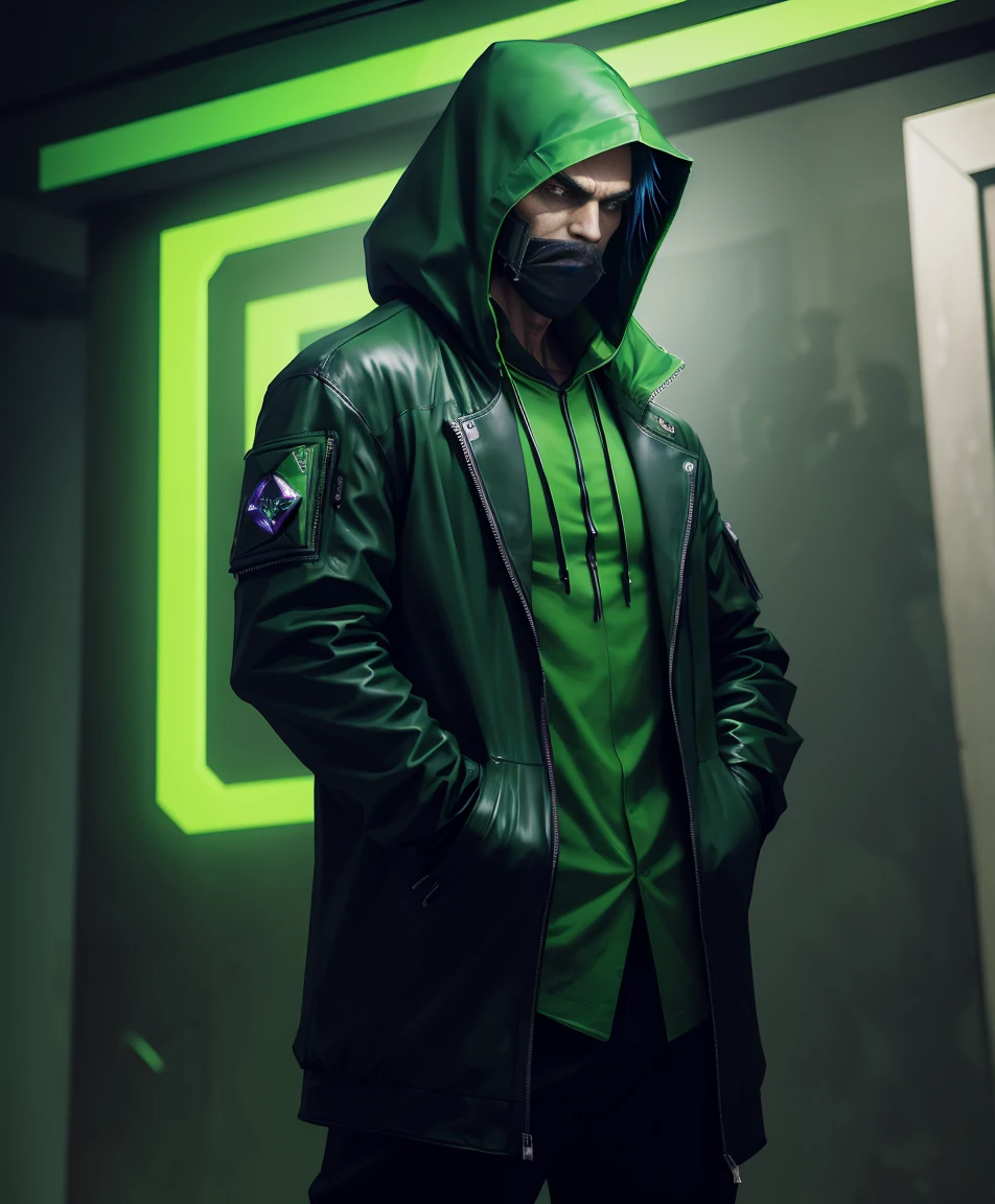 a man in a green jacket and black pants standing in a dark room, wearing cultist green robe, green attire, character from mortal kombat, as a character in tekken, fighting game character, cyberpunk assassin, green hooded mage, cyberpunk outfits, green clothes, the green ninja, wearing leather assassin armor, an edgy teen assassin, cool green jacket, cyberpunk street goon
