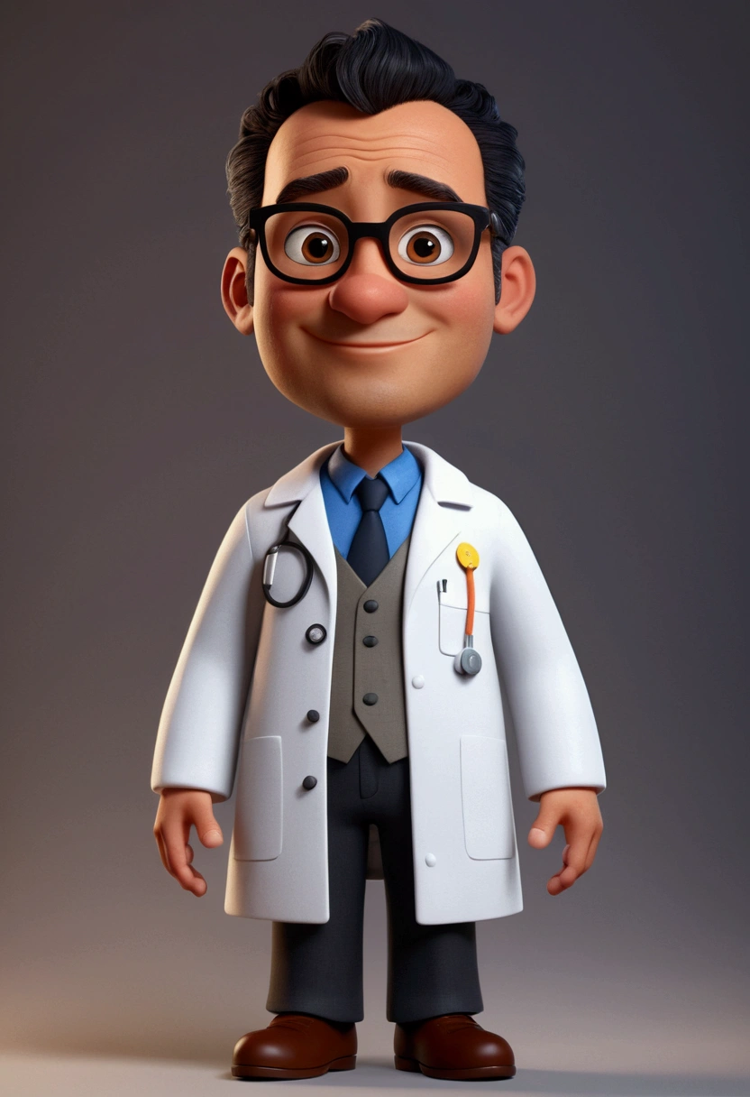 Cartoon character of a man with glasses, short and thin hair, cor do black hair with gray sides, black hair with gray sides, with entries, dark brownish brown skin, fat rounded oval face, approximately 34 years old, with an aged appearance, skin with pimple marks, animation character, wearing a labcoat, written on the coat name Prof. Luiz Paulo Silva - Natural Sciences , stylized character, animation style rendering, 3d stylized, Arnold Maya rendering, Stylized 3D rendering, toon render screenshot, 3d character, 3d character, Stylized 3D rendering, 3D character rendering, cartoon character, Personagem de close up, character posing, (Pixar-style) (master part:1.2) (bokeh) (best qualityer) (skin detailed) (detailed texture) (8K) (Argilla) (cinematic lighting) (sharp focus) True to description,