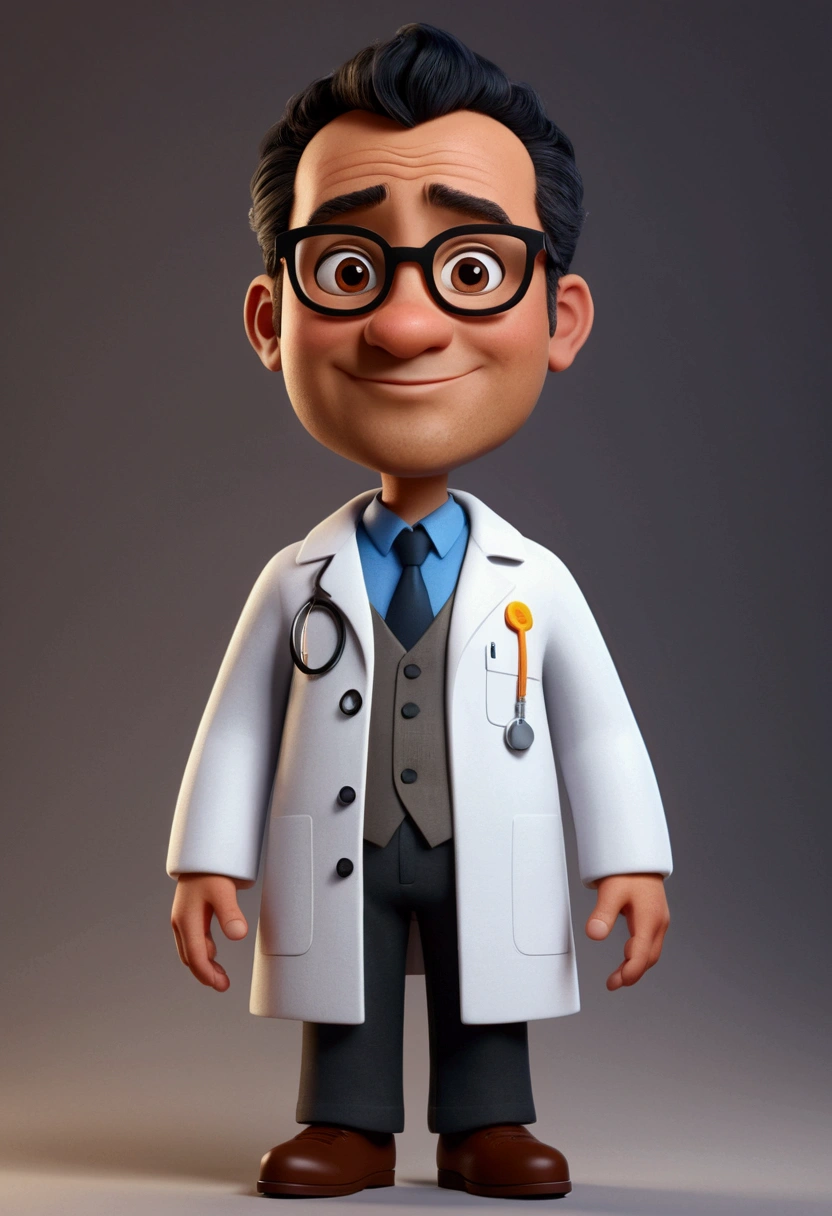 Cartoon character of a man with glasses, short and thin hair, cor do black hair with gray sides, black hair with gray sides, with entries, dark brownish brown skin, fat rounded oval face, approximately 34 years old, with an aged appearance, skin with pimple marks, animation character, wearing a labcoat, written on the coat name Prof. Luiz Paulo Silva - Natural Sciences , stylized character, animation style rendering, 3d stylized, Arnold Maya rendering, Stylized 3D rendering, toon render screenshot, 3d character, 3d character, Stylized 3D rendering, 3D character rendering, cartoon character, Personagem de close up, character posing, (Pixar-style) (master part:1.2) (bokeh) (best qualityer) (skin detailed) (detailed texture) (8K) (Argilla) (cinematic lighting) (sharp focus) True to description,