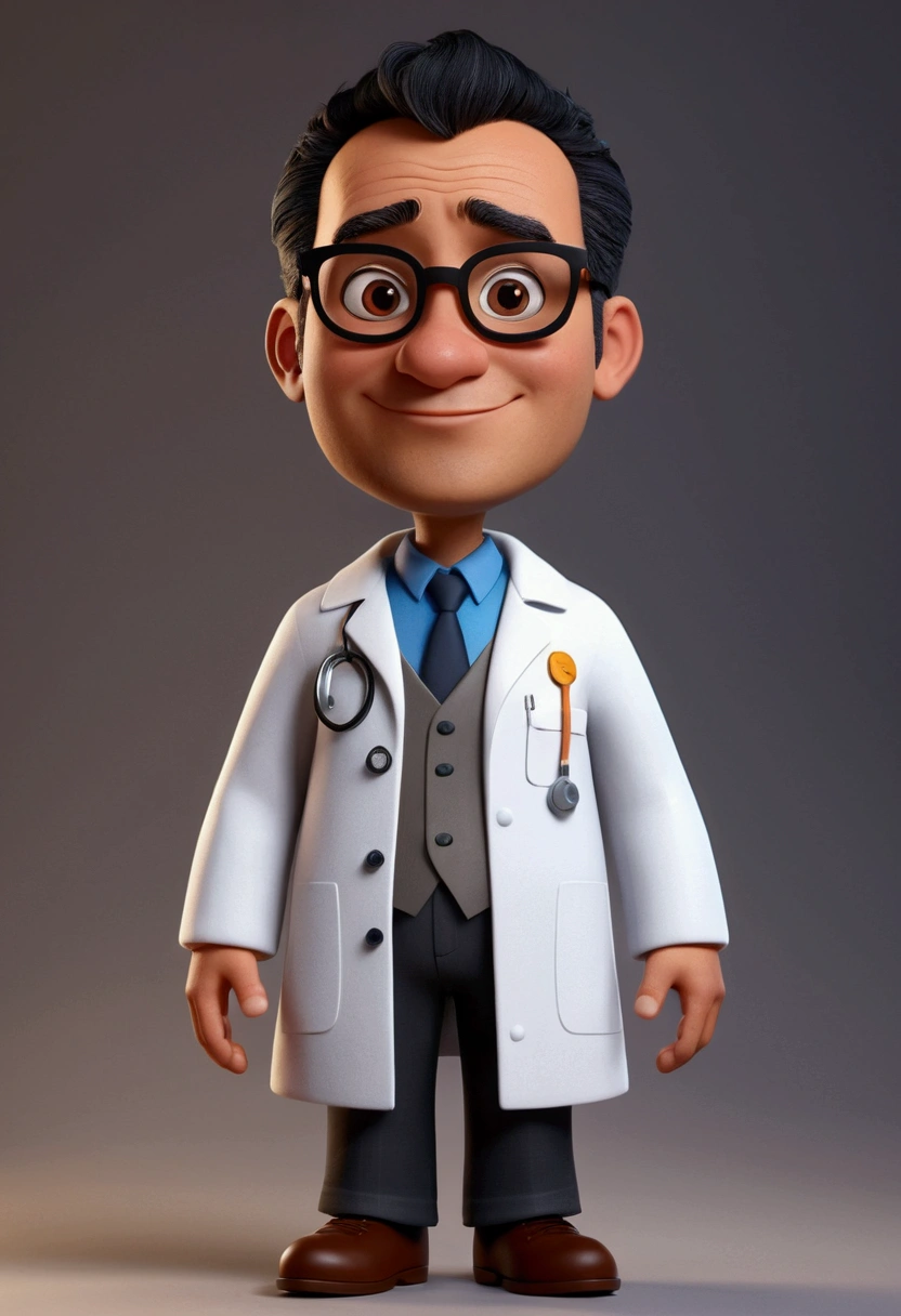 Cartoon character of a man with glasses, short and thin hair, cor do black hair with gray sides, black hair with gray sides, with entries, dark brownish brown skin, fat rounded oval face, approximately 34 years old, with an aged appearance, skin with pimple marks, animation character, wearing a labcoat, written on the coat name Prof. Luiz Paulo Silva - Natural Sciences , stylized character, animation style rendering, 3d stylized, Arnold Maya rendering, Stylized 3D rendering, toon render screenshot, 3d character, 3d character, Stylized 3D rendering, 3D character rendering, cartoon character, Personagem de close up, character posing, (Pixar-style) (master part:1.2) (bokeh) (best qualityer) (skin detailed) (detailed texture) (8K) (Argilla) (cinematic lighting) (sharp focus) True to description,