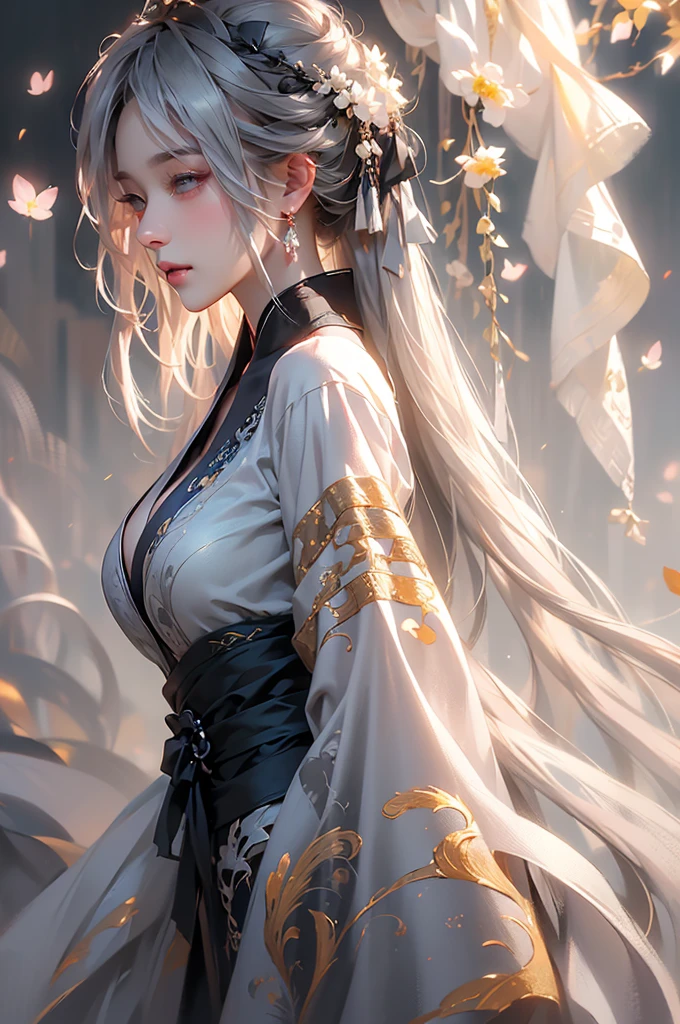 super high quality, masterpiece, Perfect illustration, Very detailed (Exquisite light and shadow, Very dramatic photo,Backlight) , ((Gray Hair:1.5))1 Girl,(( alone:1.6)), (Wearing Han clothes, Black and white Hanfu,Monotony,Long sleeve) Flower Field, Flowers, (White smoke:1.3) (Realistic:1.4), Zen Intertwining, Tangled, Official Art, unity 8k wallpaper, Very detailed, Beautiful and beautiful, masterpiece, Highest quality, (Dynamic Angle: 1.4), Glowing Skin, (Floating colorful flashes: 1) The most beautiful chaotic shapes, elegant, Brutalist Design, Bright colors, Romantic Depth of Field Exotic_dance, half_naked、(Separate sleeves:1.4, Expose your shoulders、Ample breasts、Beautiful cleavage)(side view)