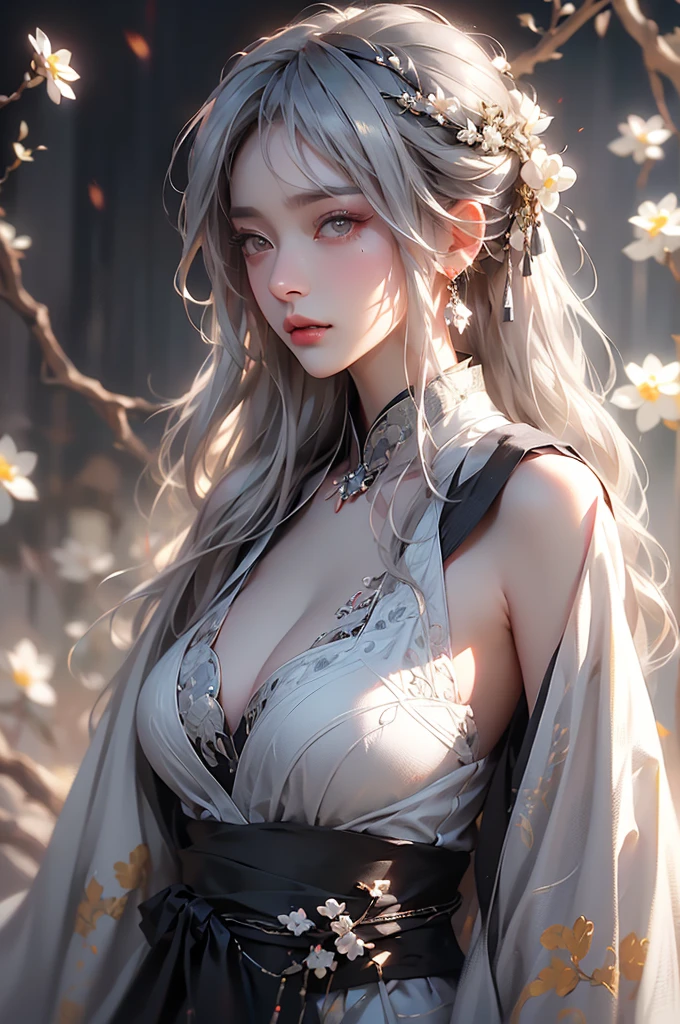 super high quality, masterpiece, Perfect illustration, Very detailed (Exquisite light and shadow, Very dramatic photo,Backlight) , ((Gray Hair:1.5))1 Girl,(( alone:1.6)), (Wearing Han clothes, Black and white Hanfu,Monotony,Long sleeve) Flower Field, Flowers, (White smoke:1.3) (Realistic:1.4), Zen Intertwining, Tangled, Official Art, unity 8k wallpaper, Very detailed, Beautiful and beautiful, masterpiece, Highest quality, (Dynamic Angle: 1.4), Glowing Skin, (Floating colorful flashes: 1) The most beautiful chaotic shapes, elegant, Brutalist Design, Bright colors, Romantic Depth of Field Exotic_dance, half_naked、（Separate sleeves:1.4, Expose your shoulders、Ample breasts、Beautiful cleavage）（side view）
