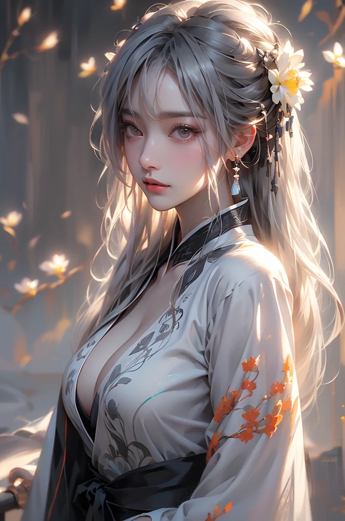 super high quality, masterpiece, Perfect illustration, Very detailed (Exquisite light and shadow, Very dramatic photo,Backlight) , ((Gray Hair:1.5))1 Girl,(( alone:1.6)), (Wearing Han clothes, Black and white Hanfu,Monotony,Long sleeve) Flower Field, Flowers, (White smoke:1.3) (Realistic:1.4), Zen Intertwining, Tangled, Official Art, unity 8k wallpaper, Very detailed, Beautiful and beautiful, masterpiece, Highest quality, (Dynamic Angle: 1.4), Glowing Skin, (Floating colorful flashes: 1) The most beautiful chaotic shapes, elegant, Brutalist Design, Bright colors, Romantic Depth of Field Exotic_dance, half_naked、(Separate sleeves:1.4, Expose your shoulders、Ample breasts、Beautiful cleavage)(side view)