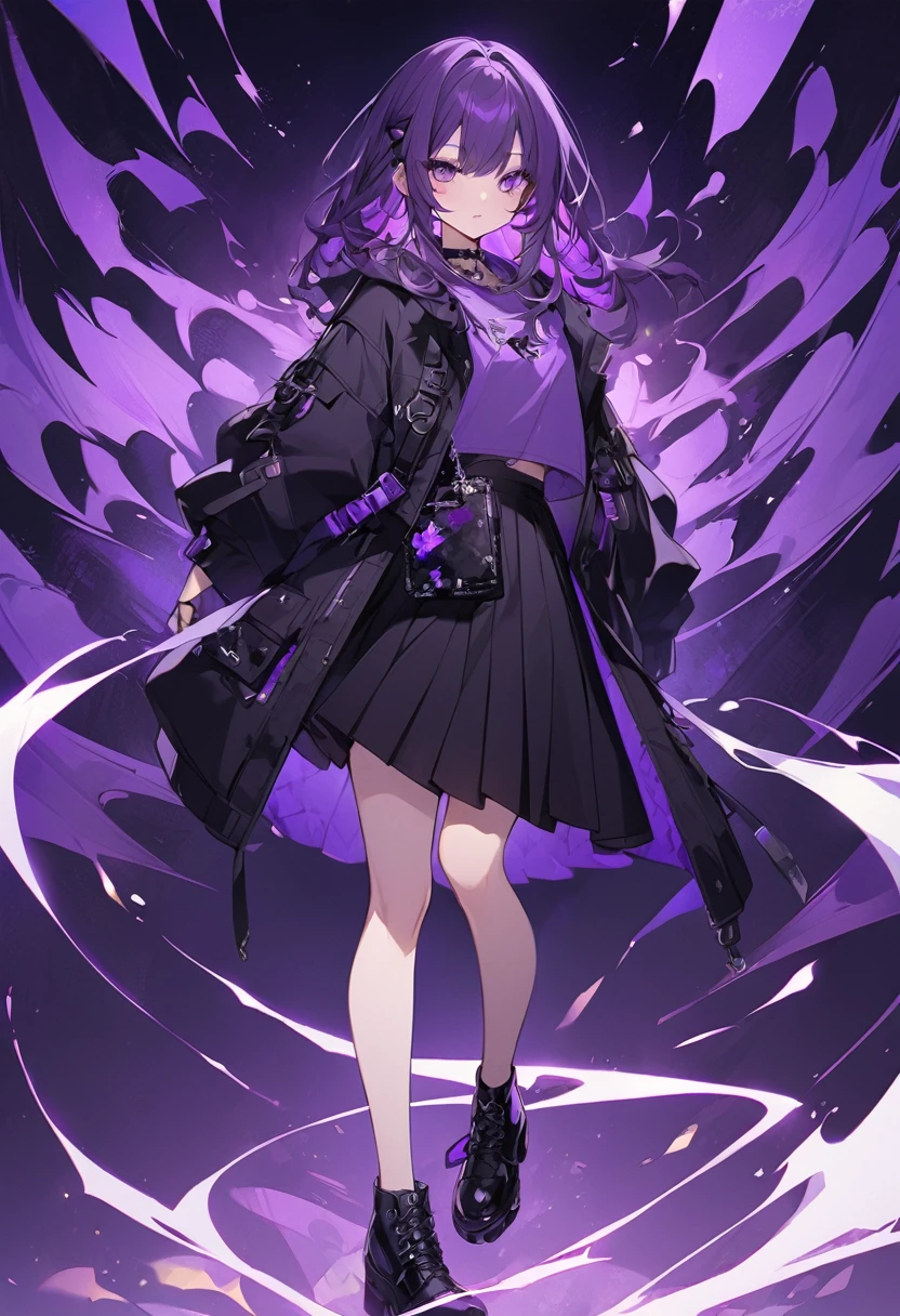 Kate。Purple Eyes。Purple Hair。Purple hoodie。Black Skirt。Black shoes下。Black shoes。