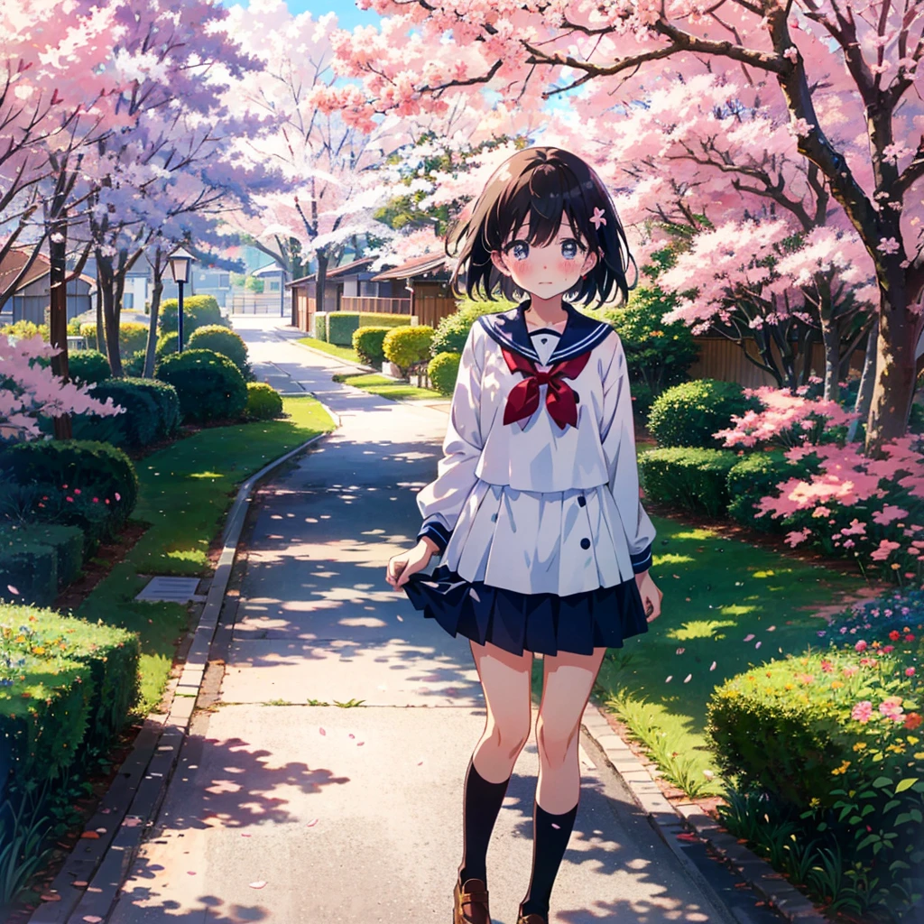 Anime-style illustration of a cute girl standing at the school gate lined with cherry blossom trees with a blushing face and tears in her eyes. The girl is wearing a sailor suit.
