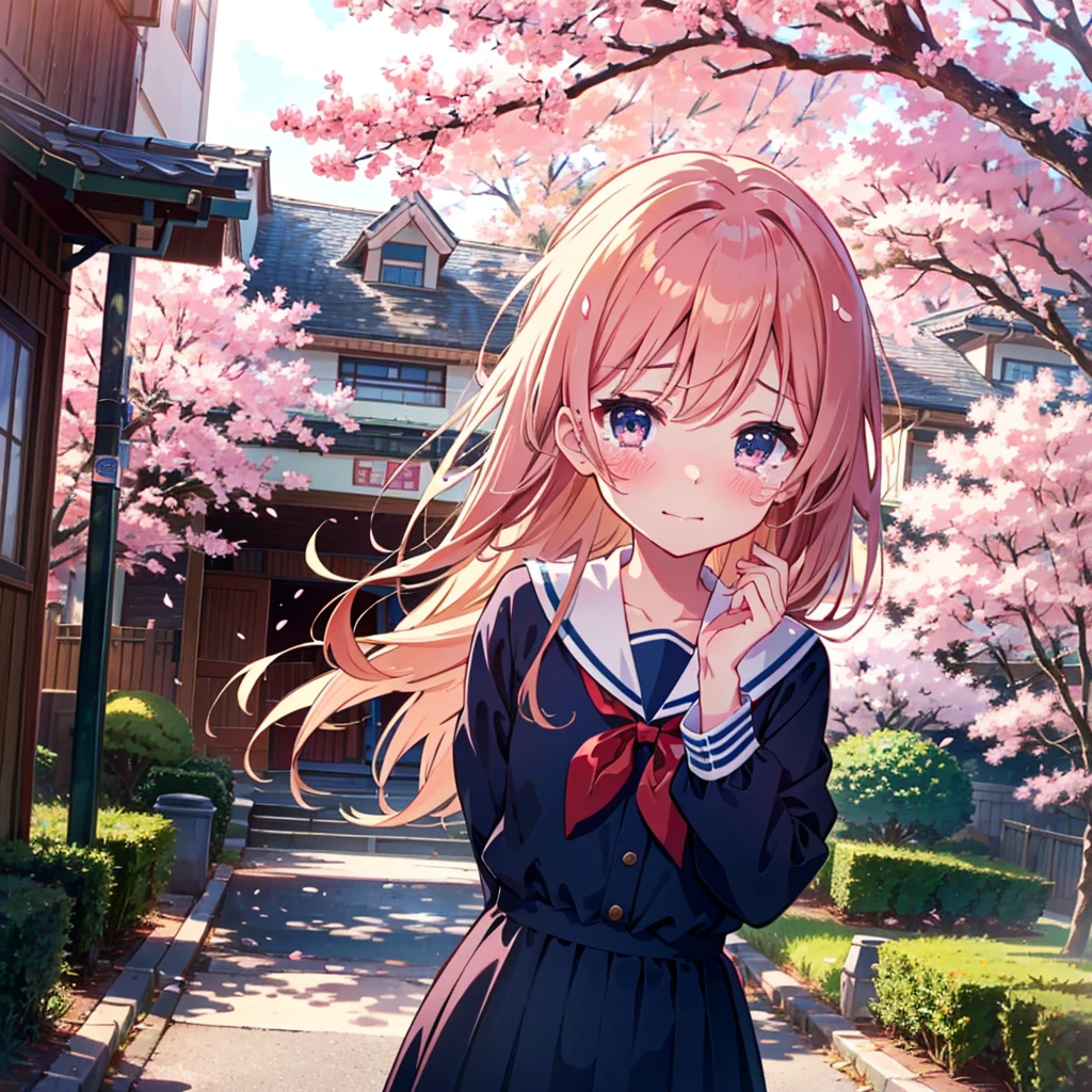 Anime-style illustration of a cute girl standing at the school gate lined with cherry blossom trees with a blushing face and tears in her eyes. The girl is wearing a sailor suit.