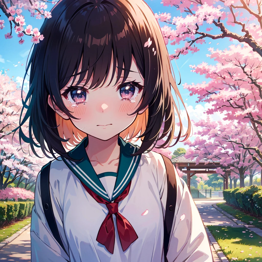 Anime-style illustration of a cute girl standing at the school gate lined with cherry blossom trees with a blushing face and tears in her eyes. The girl is wearing a sailor suit.
