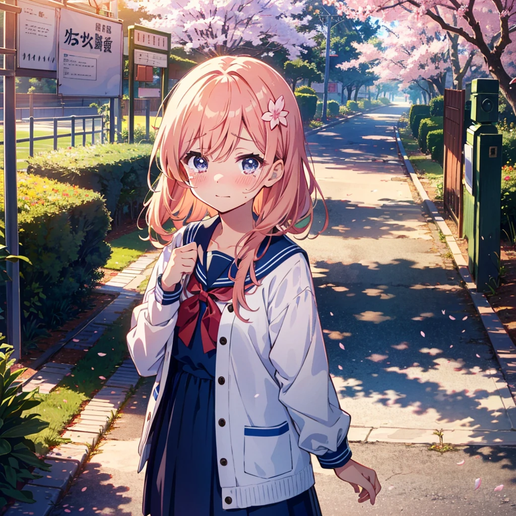 Anime-style illustration of a cute girl standing at the school gate lined with cherry blossom trees with a blushing face and tears in her eyes. The girl is wearing a sailor suit.