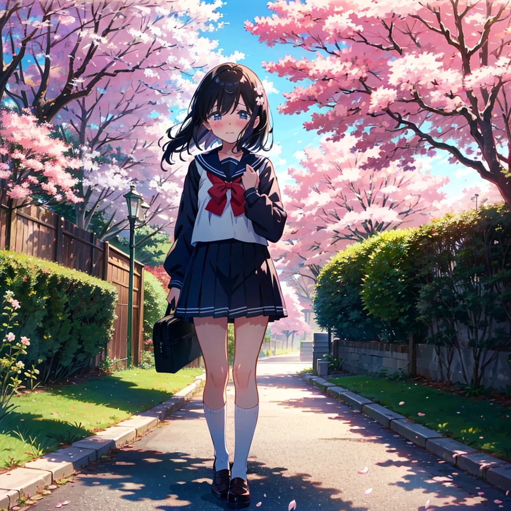 Anime-style illustration of a cute girl standing at the school gate lined with cherry blossom trees with a blushing face and tears in her eyes. The girl is wearing a sailor suit.