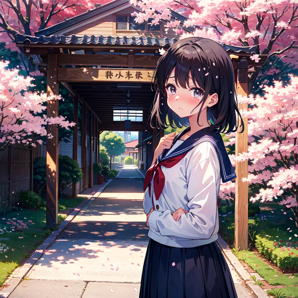 Anime-style illustration of a cute girl standing at the school gate lined with cherry blossom trees with a blushing face and tears in her eyes. The girl is wearing a sailor suit.